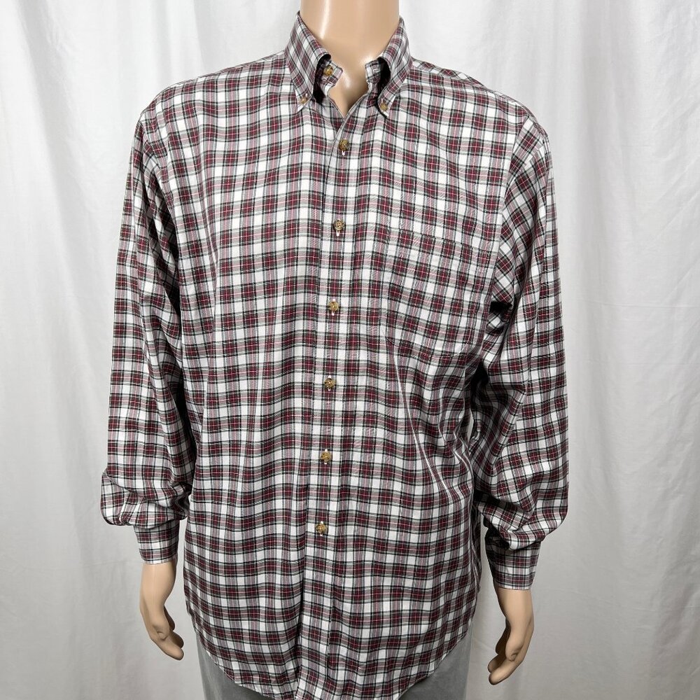 Brooks Brothers Men's Large Red Green Plaid Non-Iron Long Sleeve Button-Up Shirt